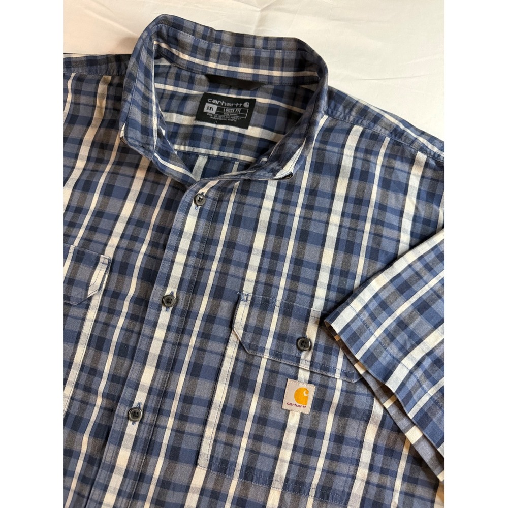 Carhartt Mens 2XL Loose Fit Blue Plaid Short Sleeve Button Down Work Shirt